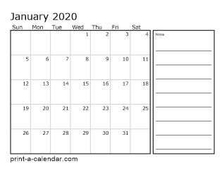 2020 Calendar With Notes Section Printable